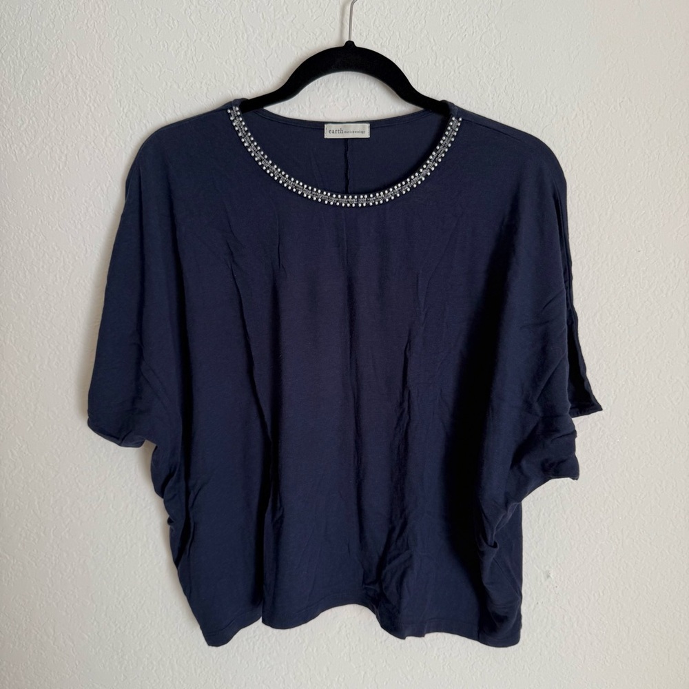 Earth Music & Ecology Navy Top Beaded Neckline